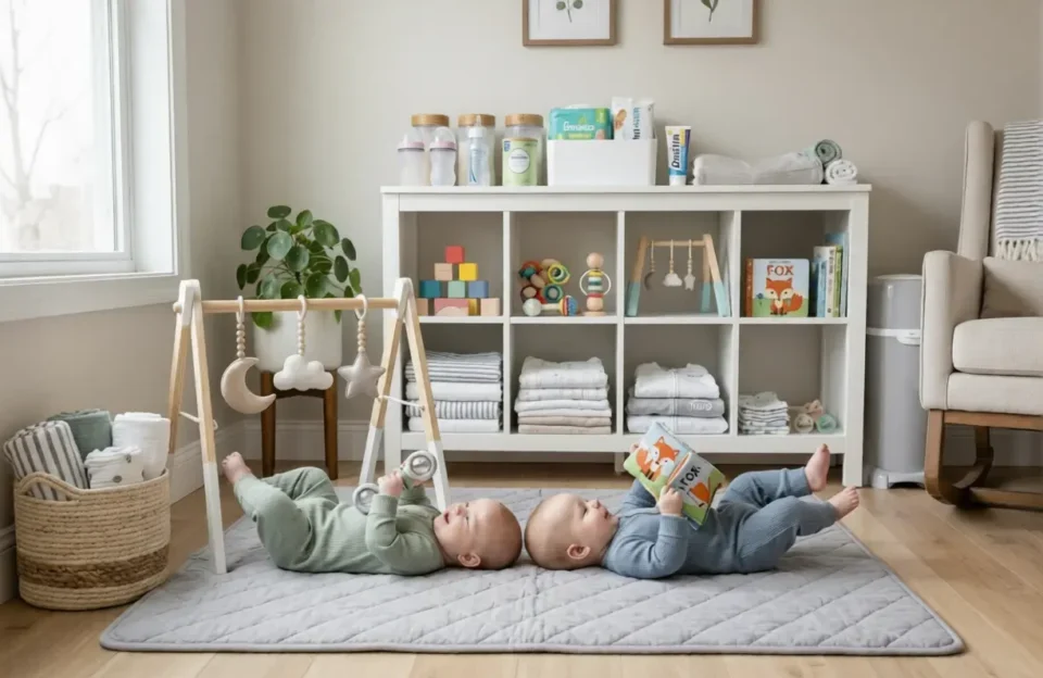 Dois bebês gêmeos de aproximadamente 4 meses deitados em um tapete de atividades em um quarto organizado. Ao fundo, uma estante branca com itens essenciais como fraldas, mamadeiras e brinquedos educativos, representando a rotina de cuidados e desenvolvimento motor de gêmeos