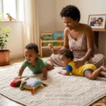 Fotografia horizontal capturada em um jardim brasileiro acolhedor no pôr do sol. Uma mãe parda, de vestido floral, está de joelhos em um tapete de atividades acolhedor, guiando ativamente seus gêmeos não-idênticos de 5 meses. Um menino, em um bodysuit verde-água, está de bruços (tummy time), fortalecendo o pescoço e olhando para o chão. Sua irmã, em um bodysuit amarelo-sol, está em tummy time e tenta rolar para o lado para alcançar um chocalho de madeira no formato de Saci-Pererê que a mãe segura. A cena ilustra a assincronicidade no desenvolvimento motor de múltiplos e os exercícios de estimulação sugeridos pela SBP 2024. O fundo apresenta um muro de cobogós e plantas tropicais brasileiras (samambaias e costela-de-adão) em bokeh dourado, criando uma atmosfera terna, autêntica e educativa. A luz natural banha a família e o cenário
