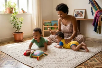 Fotografia horizontal capturada em um jardim brasileiro acolhedor no pôr do sol. Uma mãe parda, de vestido floral, está de joelhos em um tapete de atividades acolhedor, guiando ativamente seus gêmeos não-idênticos de 5 meses. Um menino, em um bodysuit verde-água, está de bruços (tummy time), fortalecendo o pescoço e olhando para o chão. Sua irmã, em um bodysuit amarelo-sol, está em tummy time e tenta rolar para o lado para alcançar um chocalho de madeira no formato de Saci-Pererê que a mãe segura. A cena ilustra a assincronicidade no desenvolvimento motor de múltiplos e os exercícios de estimulação sugeridos pela SBP 2024. O fundo apresenta um muro de cobogós e plantas tropicais brasileiras (samambaias e costela-de-adão) em bokeh dourado, criando uma atmosfera terna, autêntica e educativa. A luz natural banha a família e o cenário