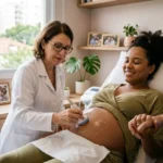 Uma mãe brasileira, deitada confortavelmente em um consultório obstétrico humanizado, sorri com alívio e olhos fechados enquanto uma médica utiliza um Doppler fetal portátil em sua barriga (coberta com gel). A imagem foca na expressão de conexão e paz da gestante ao ouvir os batimentos cardíacos fetais, transmitindo a segurança e o momento ideal (entre 10-12 semanas) para o exame. Ambiente seguro, acolhedor e profissional