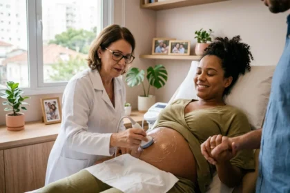 Uma mãe brasileira, deitada confortavelmente em um consultório obstétrico humanizado, sorri com alívio e olhos fechados enquanto uma médica utiliza um Doppler fetal portátil em sua barriga (coberta com gel). A imagem foca na expressão de conexão e paz da gestante ao ouvir os batimentos cardíacos fetais, transmitindo a segurança e o momento ideal (entre 10-12 semanas) para o exame. Ambiente seguro, acolhedor e profissional