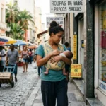 Fotografia de uma mãe parda brasileira caminhando em uma rua de comércio popular com seu recém-nascido em um sling. Ela para em frente a uma vitrine de loja de bebê com olhos fechados e expressão de serenidade. A imagem ilustra o vínculo materno após o parto e a superação do trauma físico
