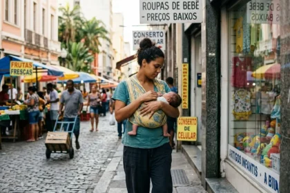 Fotografia de uma mãe parda brasileira caminhando em uma rua de comércio popular com seu recém-nascido em um sling. Ela para em frente a uma vitrine de loja de bebê com olhos fechados e expressão de serenidade. A imagem ilustra o vínculo materno após o parto e a superação do trauma físico