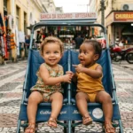 Fotografia horizontal em plano médio de uma sala de exames de ultrassom em uma unidade de saúde brasileira (Rio de Janeiro). Uma gestante parda está deitada, sorrindo emocionada enquanto olha para um monitor médico moderno. O monitor exibe a imagem nítida de um ultrassom de 12 semanas, mostrando um feto em desenvolvimento. Ao lado, uma profissional de saúde uniformizada realiza o exame com o transdutor sobre a barriga da paciente. Pela janela ao fundo, vê-se uma paisagem urbana brasileira com casas em morros e céu claro. A cena transmite esperança, tecnologia e humanização no pré-natal