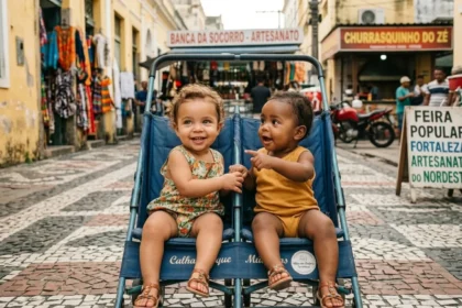 Fotografia horizontal em plano médio de uma sala de exames de ultrassom em uma unidade de saúde brasileira (Rio de Janeiro). Uma gestante parda está deitada, sorrindo emocionada enquanto olha para um monitor médico moderno. O monitor exibe a imagem nítida de um ultrassom de 12 semanas, mostrando um feto em desenvolvimento. Ao lado, uma profissional de saúde uniformizada realiza o exame com o transdutor sobre a barriga da paciente. Pela janela ao fundo, vê-se uma paisagem urbana brasileira com casas em morros e céu claro. A cena transmite esperança, tecnologia e humanização no pré-natal