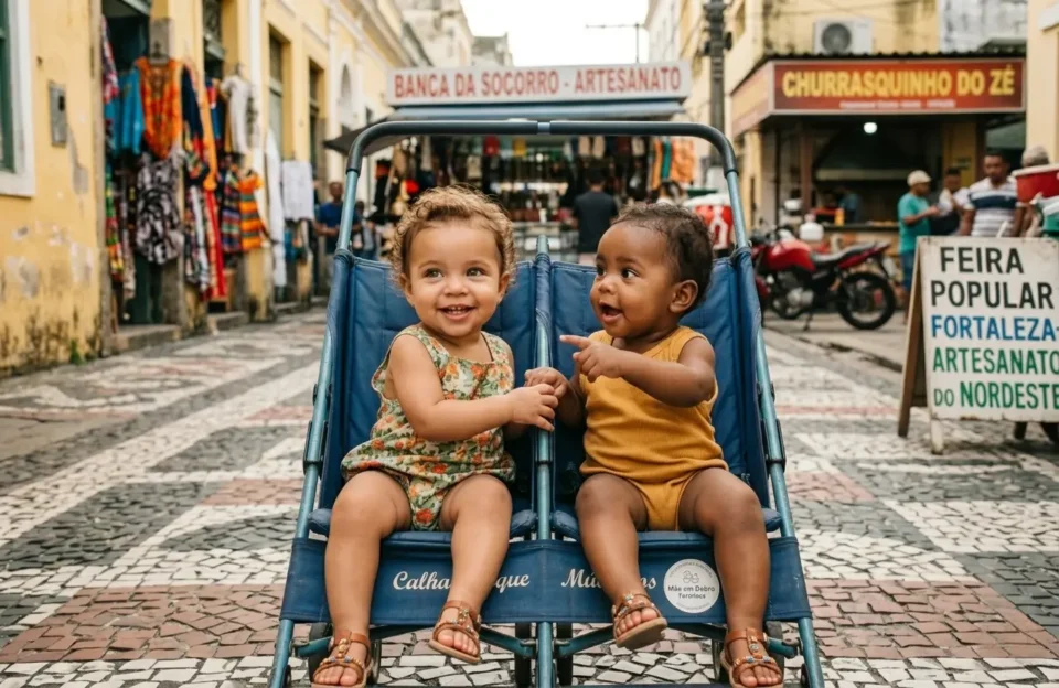Fotografia horizontal em plano médio de uma sala de exames de ultrassom em uma unidade de saúde brasileira (Rio de Janeiro). Uma gestante parda está deitada, sorrindo emocionada enquanto olha para um monitor médico moderno. O monitor exibe a imagem nítida de um ultrassom de 12 semanas, mostrando um feto em desenvolvimento. Ao lado, uma profissional de saúde uniformizada realiza o exame com o transdutor sobre a barriga da paciente. Pela janela ao fundo, vê-se uma paisagem urbana brasileira com casas em morros e céu claro. A cena transmite esperança, tecnologia e humanização no pré-natal