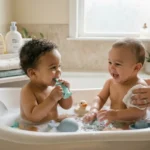 Gêmeos de 4 meses em banho interativo com foco em higiene bucal e uso de mordedor de silicone para primeiros dentes em ambiente seguro e acolhedor