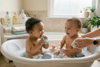 Gêmeos de 4 meses em banho interativo com foco em higiene bucal e uso de mordedor de silicone para primeiros dentes em ambiente seguro e acolhedor
