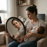 Mãe brasileira de gêmeos sentada introspectiva em poltrona, segurando espelho que reflete o seu rosto enquanto os bebês dormem, simbolizando o luto da mulher que ela foi e a reconstrução da identidade materna no pós-parto