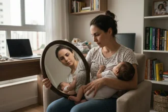 Mãe brasileira de gêmeos sentada introspectiva em poltrona, segurando espelho que reflete o seu rosto enquanto os bebês dormem, simbolizando o luto da mulher que ela foi e a reconstrução da identidade materna no pós-parto