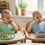 Dois bebês gêmeos em cadeiras de alimentação iniciando introdução alimentar; um pratica BLW com brócolis e o outro recebe papinha na colher