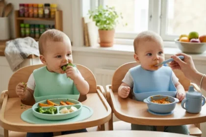 Dois bebês gêmeos em cadeiras de alimentação iniciando introdução alimentar; um pratica BLW com brócolis e o outro recebe papinha na colher
