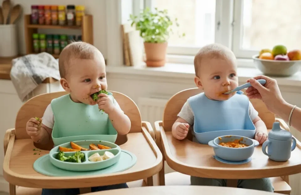 Dois bebês gêmeos em cadeiras de alimentação iniciando introdução alimentar; um pratica BLW com brócolis e o outro recebe papinha na colher