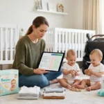 Fotografia de estilo de vida em um quarto de bebê de gêmeos iluminado pelo sol. Uma mãe de gêmeos sentada no chão, segurando um tablet com uma tabela comparativa de custo-benefício vs premium. Ao redor dela, estão dispostos pacotes de fraldas de marcas diferentes, roupas infantis, brinquedos e um carrinho de bebê duplo dobrado ao fundo. Dois bebês gêmeos idênticos brincam felizes ao lado dela. A atmosfera é de escolha inteligente e mindful