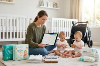 Fotografia de estilo de vida em um quarto de bebê de gêmeos iluminado pelo sol. Uma mãe de gêmeos sentada no chão, segurando um tablet com uma tabela comparativa de custo-benefício vs premium. Ao redor dela, estão dispostos pacotes de fraldas de marcas diferentes, roupas infantis, brinquedos e um carrinho de bebê duplo dobrado ao fundo. Dois bebês gêmeos idênticos brincam felizes ao lado dela. A atmosfera é de escolha inteligente e mindful