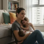 Mãe brasileira de gêmeos sentada em sala de estar urbana com expressão introspectiva, segurando os bebês, ilustrando a neurobiologia da maternidade e o cérebro sob estresse