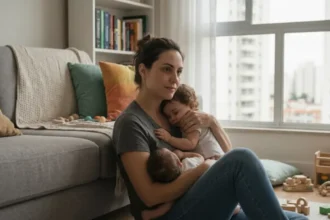 Mãe brasileira de gêmeos sentada em sala de estar urbana com expressão introspectiva, segurando os bebês, ilustrando a neurobiologia da maternidade e o cérebro sob estresse