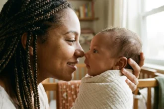 Close-up fotográfico e intimista focado nos rostos de uma mãe e seu bebê recém-nascido, muito próximos e alinhados. A mãe (negra, com tranças, vestindo malha terracota) sorri suavemente e olha fixamente nos olhos do bebê. O bebê, enrolado em um cueiro de algodão cru, olha de volta com igual intensidade e foco. A luz natural morna ilumina a cena, capturando a textura da pele e a conexão no olhar de ambos. O fundo é um borrão poético (bokeh) da casa