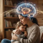 Ilustração realista de uma mãe abraçando o filho, com uma representação digital luminosa do cérebro materno destacando redes neurais de proteção e previsão de perigo