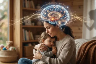 Ilustração realista de uma mãe abraçando o filho, com uma representação digital luminosa do cérebro materno destacando redes neurais de proteção e previsão de perigo