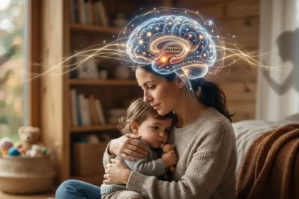 Ilustração realista de uma mãe abraçando o filho, com uma representação digital luminosa do cérebro materno destacando redes neurais de proteção e previsão de perigo