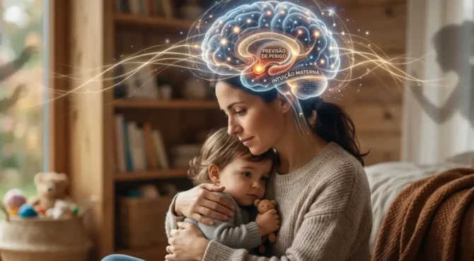 Ilustração realista de uma mãe abraçando o filho, com uma representação digital luminosa do cérebro materno destacando redes neurais de proteção e previsão de perigo