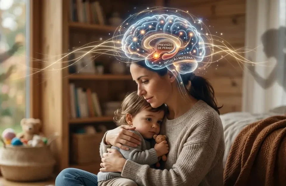 Ilustração realista de uma mãe abraçando o filho, com uma representação digital luminosa do cérebro materno destacando redes neurais de proteção e previsão de perigo