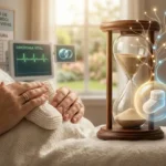 Ilustração conceitual e simbólica de um parto diferido, mostrando as mãos de uma mãe segurando sapatinhos de bebê, um relógio de areia e uma árvore da vida protegida, simbolizando a espera segura entre o nascimento dos gêmeos