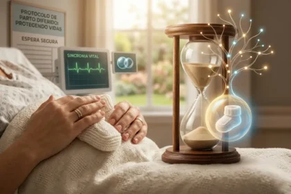 Ilustração conceitual e simbólica de um parto diferido, mostrando as mãos de uma mãe segurando sapatinhos de bebê, um relógio de areia e uma árvore da vida protegida, simbolizando a espera segura entre o nascimento dos gêmeos