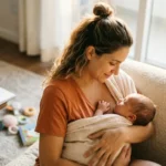 Uma mãe com um sorriso suave segura seu bebê recém-nascido adormecido nos braços, em foco absoluto e nítido. O ambiente ao redor dela, incluindo uma mesa com um café esquecido e um planner, está completamente desfocado (bokeh), simbolizando o foco seletivo e a especialização do cérebro materno
