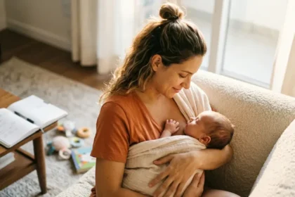 Uma mãe com um sorriso suave segura seu bebê recém-nascido adormecido nos braços, em foco absoluto e nítido. O ambiente ao redor dela, incluindo uma mesa com um café esquecido e um planner, está completamente desfocado (bokeh), simbolizando o foco seletivo e a especialização do cérebro materno