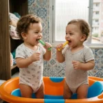 Fotografia lúdica de dois bebês gêmeos idênticos, de aproximadamente 10 meses, brincando com escovas de dedeira de silicone dentro de uma banheira infantil. Eles estão rindo e mostrando os primeiros dentes incisivos em um banheiro brasileiro típico
