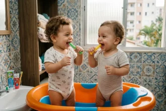 Fotografia lúdica de dois bebês gêmeos idênticos, de aproximadamente 10 meses, brincando com escovas de dedeira de silicone dentro de uma banheira infantil. Eles estão rindo e mostrando os primeiros dentes incisivos em um banheiro brasileiro típico