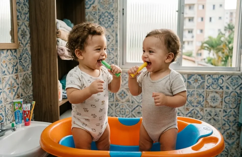 Fotografia lúdica de dois bebês gêmeos idênticos, de aproximadamente 10 meses, brincando com escovas de dedeira de silicone dentro de uma banheira infantil. Eles estão rindo e mostrando os primeiros dentes incisivos em um banheiro brasileiro típico