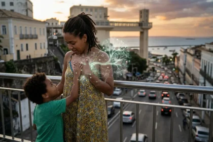 Fotografia horizontal de uma mãe parda com cabelos cacheados e seu filho de 4 anos em uma passarela em Salvador, Bahia, com o Elevador Lacerda ao fundo no pôr do sol. A criança toca o peito da mãe, de onde emana uma luz artística sutil em formato de rede celular, simbolizando o microquimerismo fetal e a regeneração de órgãos pelas células dos filhos. Cenário urbano brasileiro com prédios históricos em bokeh dourado, representando a conexão biológica eterna