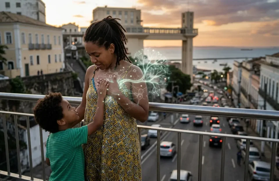 Fotografia horizontal de uma mãe parda com cabelos cacheados e seu filho de 4 anos em uma passarela em Salvador, Bahia, com o Elevador Lacerda ao fundo no pôr do sol. A criança toca o peito da mãe, de onde emana uma luz artística sutil em formato de rede celular, simbolizando o microquimerismo fetal e a regeneração de órgãos pelas células dos filhos. Cenário urbano brasileiro com prédios históricos em bokeh dourado, representando a conexão biológica eterna
