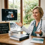 Médica obstetra loira de meia idade, empática, acaricia o braço de gestante preocupada em consultório iluminado. Na parede, tela de ultrassom mostra feto de 12 semanas saudável e gêmeo evanece menor. Mesa de madeira com livro de ginecologia e cartaz Mãe em Dobro sobre o risco de aborto na 12ª semana. A imagem simboliza acolhimento, autoridade médica e a queda das estatísticas de perda gestacional no final do primeiro trimestre. Foco na conexão e segurança.