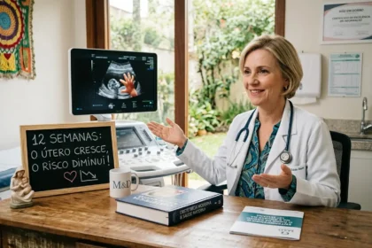 Médica obstetra loira de meia idade, empática, acaricia o braço de gestante preocupada em consultório iluminado. Na parede, tela de ultrassom mostra feto de 12 semanas saudável e gêmeo evanece menor. Mesa de madeira com livro de ginecologia e cartaz Mãe em Dobro sobre o risco de aborto na 12ª semana. A imagem simboliza acolhimento, autoridade médica e a queda das estatísticas de perda gestacional no final do primeiro trimestre. Foco na conexão e segurança.