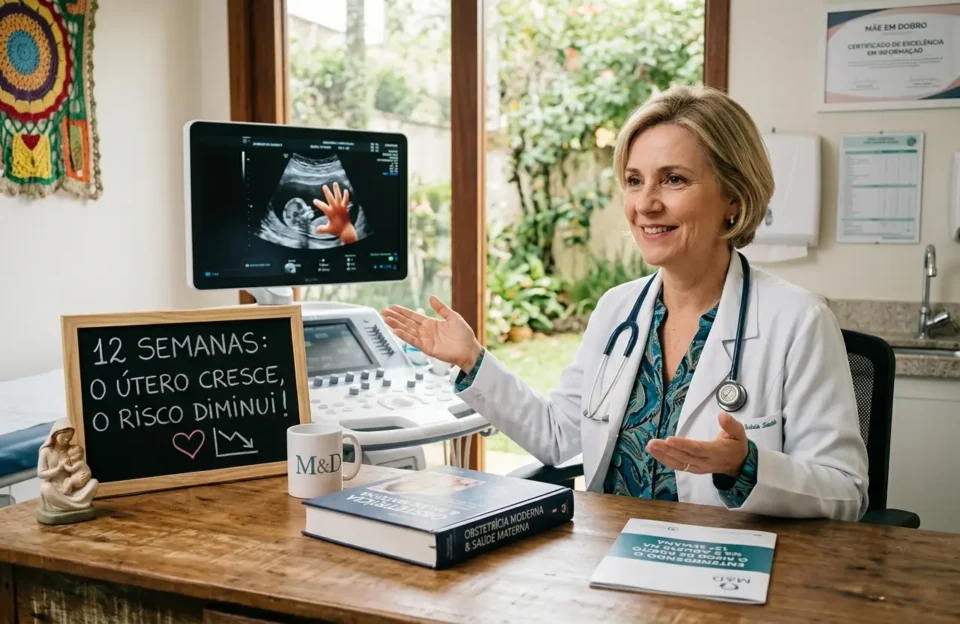 Médica obstetra loira de meia idade, empática, acaricia o braço de gestante preocupada em consultório iluminado. Na parede, tela de ultrassom mostra feto de 12 semanas saudável e gêmeo evanece menor. Mesa de madeira com livro de ginecologia e cartaz Mãe em Dobro sobre o risco de aborto na 12ª semana. A imagem simboliza acolhimento, autoridade médica e a queda das estatísticas de perda gestacional no final do primeiro trimestre. Foco na conexão e segurança.