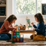 Duas gêmeas idênticas de cabelos cacheados realizam atividades diferentes em uma sala lúdica: uma constrói com blocos e a outra pinta um quadro. Quadros negros exibem os textos "Simbiose Gemelar" e "Mãe em Dobro: Estimulando a Unicidade". A imagem ilustra o desenvolvimento da identidade individual em irmãos gêmeos, destacando a importância de estimular gostos e habilidades distintas para evitar a síndrome do espelho