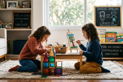 Duas gêmeas idênticas de cabelos cacheados realizam atividades diferentes em uma sala lúdica: uma constrói com blocos e a outra pinta um quadro. Quadros negros exibem os textos "Simbiose Gemelar" e "Mãe em Dobro: Estimulando a Unicidade". A imagem ilustra o desenvolvimento da identidade individual em irmãos gêmeos, destacando a importância de estimular gostos e habilidades distintas para evitar a síndrome do espelho