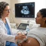 Médica ginecologista realiza ultrassom em gestante com tranças locs. Na tela do monitor, o exame detalha a Síndrome do Gêmeo Evanece, mostrando um feto saudável e o vestígio de um segundo embrião que parou de se desenvolver. A médica segura o braço da paciente em sinal de apoio emocional. No consultório, Imagem foca no diagnóstico da perda de um dos gêmeos no início da gravidez e no suporte médico