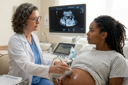 Médica ginecologista realiza ultrassom em gestante com tranças locs. Na tela do monitor, o exame detalha a Síndrome do Gêmeo Evanece, mostrando um feto saudável e o vestígio de um segundo embrião que parou de se desenvolver. A médica segura o braço da paciente em sinal de apoio emocional. No consultório, Imagem foca no diagnóstico da perda de um dos gêmeos no início da gravidez e no suporte médico