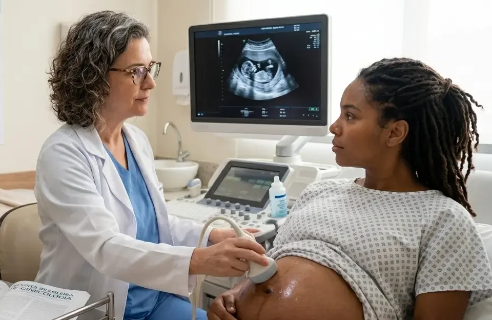 Médica ginecologista realiza ultrassom em gestante com tranças locs. Na tela do monitor, o exame detalha a Síndrome do Gêmeo Evanece, mostrando um feto saudável e o vestígio de um segundo embrião que parou de se desenvolver. A médica segura o braço da paciente em sinal de apoio emocional. No consultório, Imagem foca no diagnóstico da perda de um dos gêmeos no início da gravidez e no suporte médico