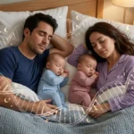 Fotografia acolhedora e realista em tons de azul e roxo, mostrando uma família dormindo em paz. Um pai e uma mãe sorriem suavemente. Entre eles, dois bebês gêmeos (um de azul e um de rosa) também dormem profundamente. Uma sutil e brilhante fita de DNA humanizada envolve a família, como uma colcha de amor e genética