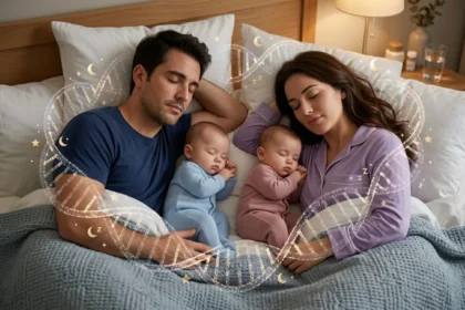 Fotografia acolhedora e realista em tons de azul e roxo, mostrando uma família dormindo em paz. Um pai e uma mãe sorriem suavemente. Entre eles, dois bebês gêmeos (um de azul e um de rosa) também dormem profundamente. Uma sutil e brilhante fita de DNA humanizada envolve a família, como uma colcha de amor e genética