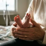 Close-up realista das mãos de uma mãe segurando delicadamente dois pezinhos de bebê recém-nascido. Uma pulseira hospitalar com a abreviação "Sesqui" está visível, simbolizando gêmeos sesquizigóticos