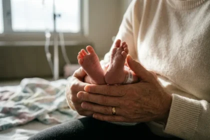 Close-up realista das mãos de uma mãe segurando delicadamente dois pezinhos de bebê recém-nascido. Uma pulseira hospitalar com a abreviação "Sesqui" está visível, simbolizando gêmeos sesquizigóticos