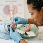 Close-up fotográfico e intimista focado nas mãos de uma enfermeira pediátrica (com luvas de látex azul claro) segurando, com delicadeza, dois pezinhos minúsculos e idênticos. Cada pezinho pertence a um bebê gêmeo diferente, cujas perninhas estão suavemente entrelaçadas em primeiro plano. A enfermeira está realizando a coleta em um dos pezinhos, e a outra mão segura o segundo, indicando que a coleta é dupla. Ao lado, vemos dois cartões de coleta separados (papel filtro), cada um com o nome 'Gêmeo 1' e 'Gêmeo 2'. No fundo, um borrão poético da placenta desfocada com o detalhe sutil da transfusão de sangue que eles dividem. A luz natural morna ilumina a cena, capturando a textura da pele e a conexão no olhar de ambos. O fundo é um borrão poético (bokeh) da casa
