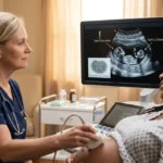 Close-up fotográfico focado em uma tela de ultrassom de alta definição em um consultório médico acolhedor. A tela mostra uma imagem nítida de fetos gêmeos monocoriônicos (que dividem a placenta) com uma anotação médica discreta indicando 'STFF'. Em segundo plano, desfocadas (bokeh), vemos as mãos de uma obstetra loira segurando o transdutor na barriga de uma gestante parda com tranças, que sorri suavemente. A luz natural morna dá um tom de esperança à cena